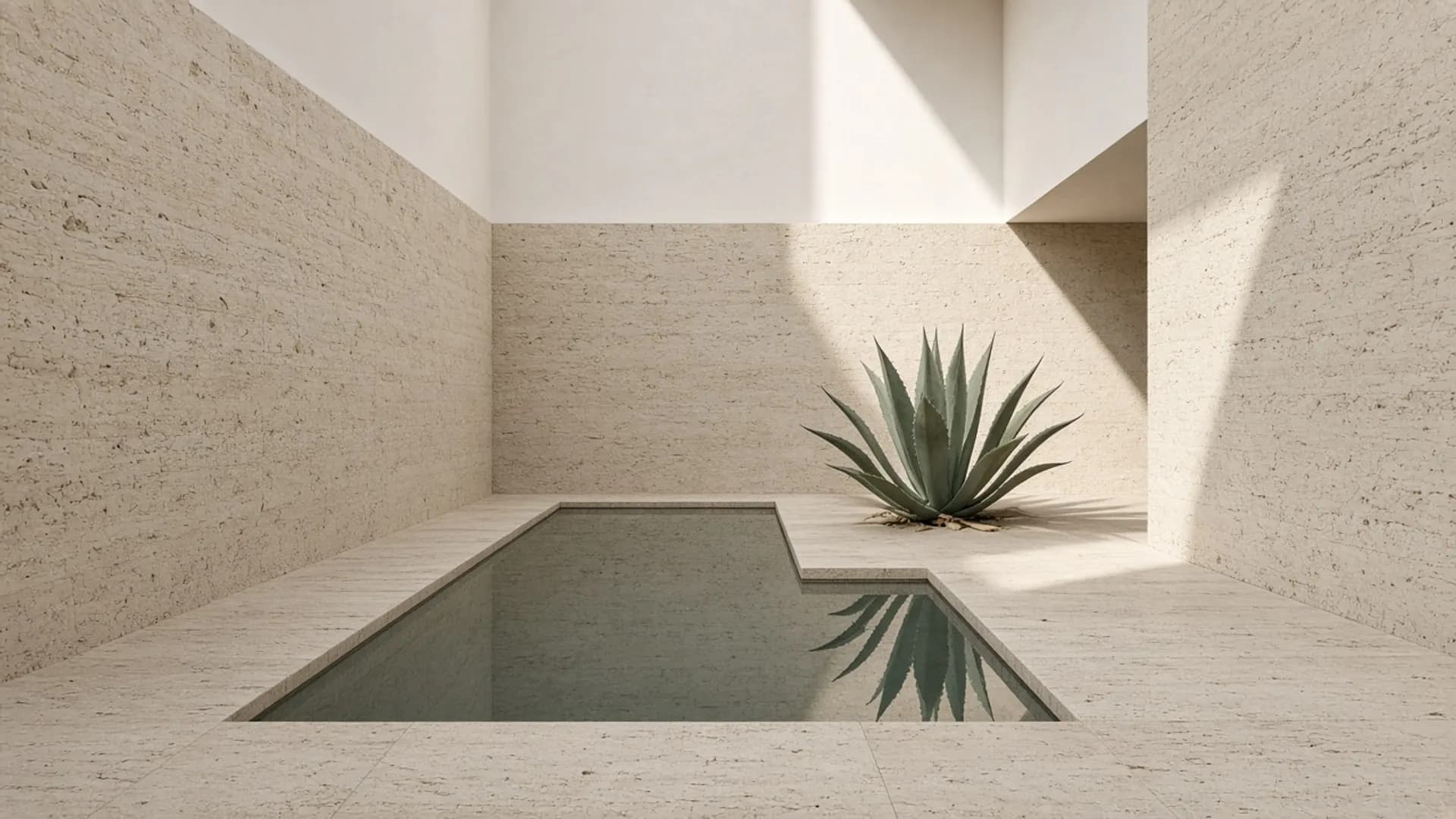 Patio de travertino claro y yeso blanco, con una lámina de agua quieta y luz de mañana